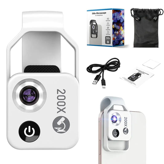 200x Magnification Zoom, 2024 New Pocket HD Phone Microscopes with LED Light Cell Phone Lens Attachments, Portable Microscopic Lens for Cell Smartphone (White)